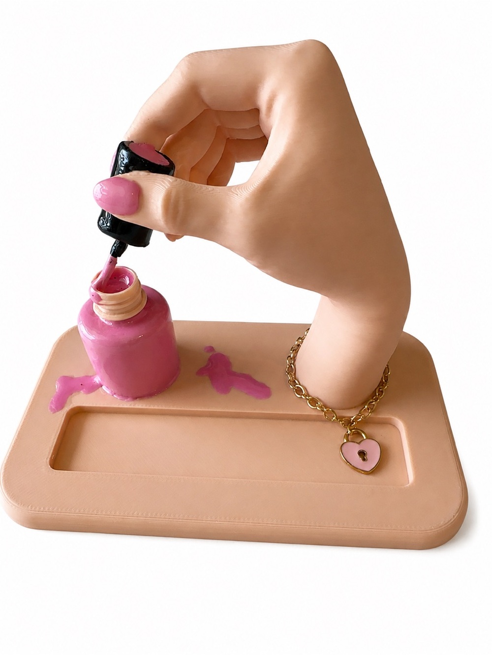 Pink Hand-Shaped Key & Card Holder with Heart Charm Bracelet